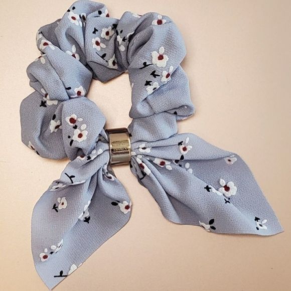 Baby Blue Floral Bow Scrunchie - Picture 1 of 2